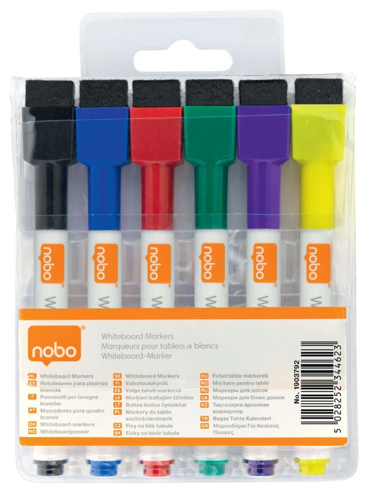 Nobo 1903792 Assorted Colour Mini Whiteboard Pen with Magnetic Eraser Cap Pack of 6 - Image 3
