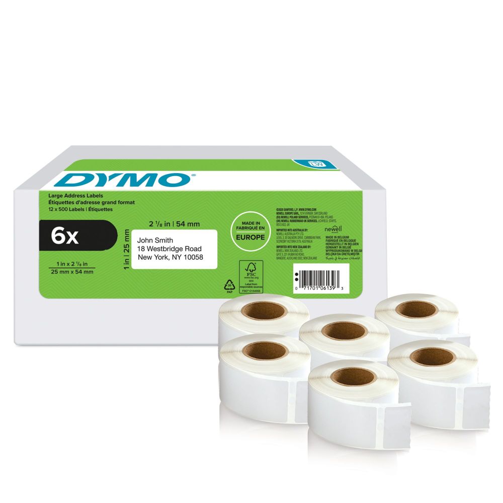 Dymo 11352 6 Rolls 25mm x 54mm Returns Labels Tape Black On White