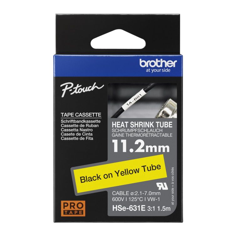 Brother HSE-631E 11.2mm Black on Yellow Heat Shrink Tube