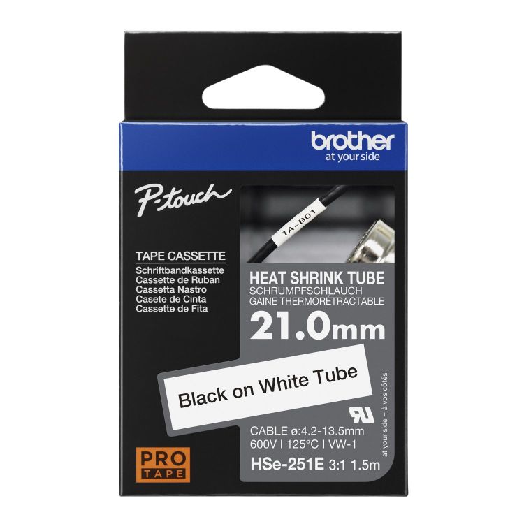 Brother HSE-251E 21mm Black on White Heat Shrink Tube