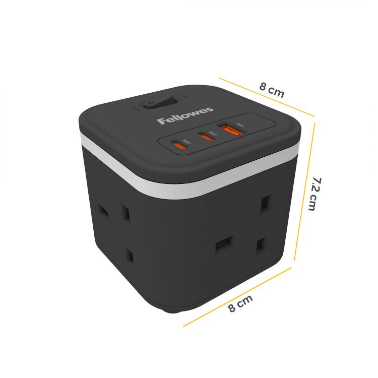 Fellowes Power Cube 3 Sockets, 1 USB-A & 2 USB-C Ports Black - Image 2