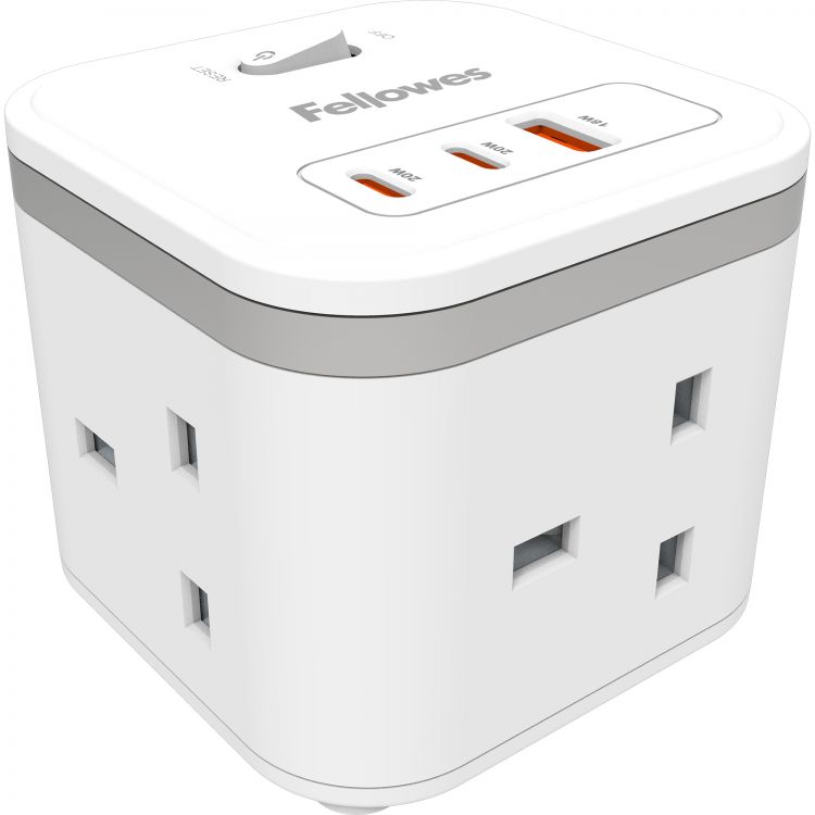 Fellowes Power Cube 3 Sockets, 1 USB-A & 2 USB-C Ports White