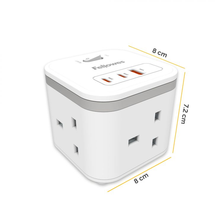 Fellowes Power Cube 3 Sockets, 1 USB-A & 2 USB-C Ports White - Image 2