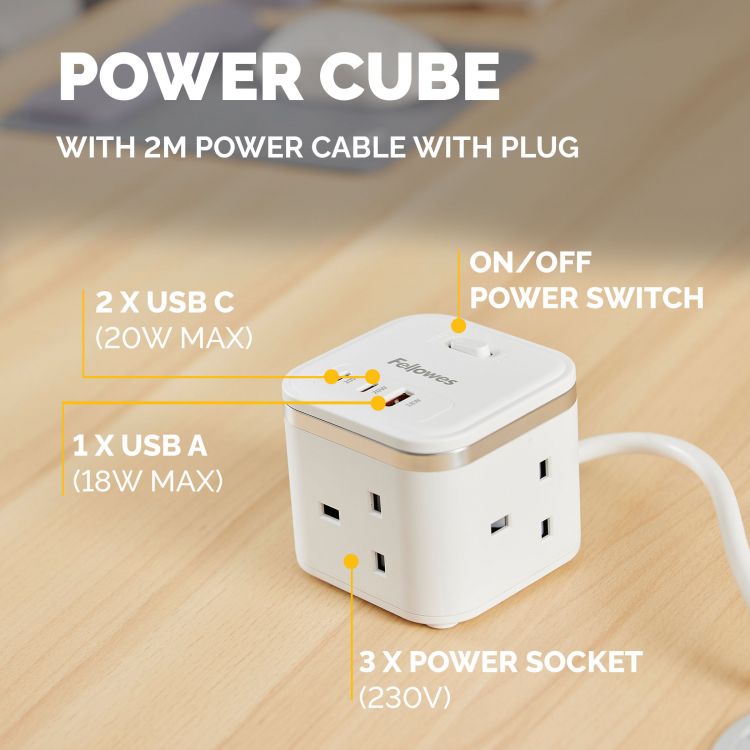 Fellowes Power Cube 3 Sockets, 1 USB-A & 2 USB-C Ports White - Image 4