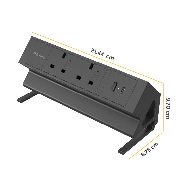 Fellowes Power Desk 2 Sockets, 1 USB-A & 1 USB-C Ports Black - Image 2