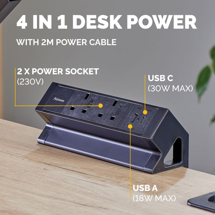 Fellowes Power Desk 2 Sockets, 1 USB-A & 1 USB-C Ports Black - Image 5