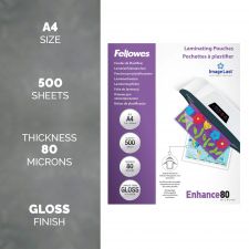 Fellowes A4 Laminating Pouches Gloss Finish 500 Sheets 80 Micron High Quality Finish thumbnail 2