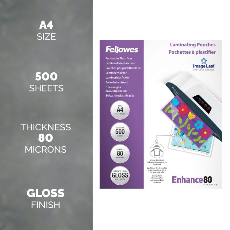Fellowes A4 Laminating Pouches Gloss Finish 500 Sheets 80 Micron High Quality Finish - Image 2