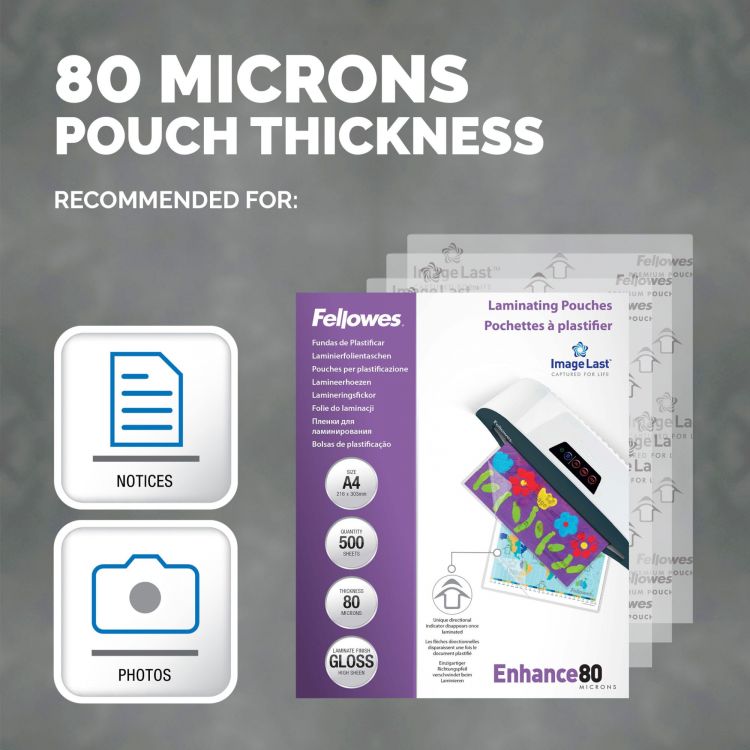 Fellowes A4 Laminating Pouches Gloss Finish 500 Sheets 80 Micron High Quality Finish - Image 4