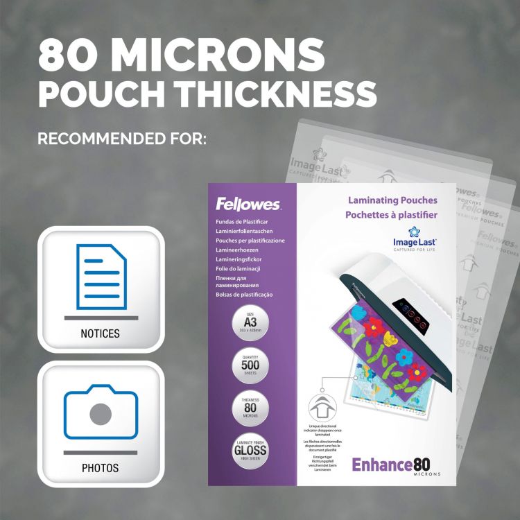 Fellowes A3 Laminating Pouches Gloss Finish 500 Sheets 80 Micron High Quality Finish - Image 3