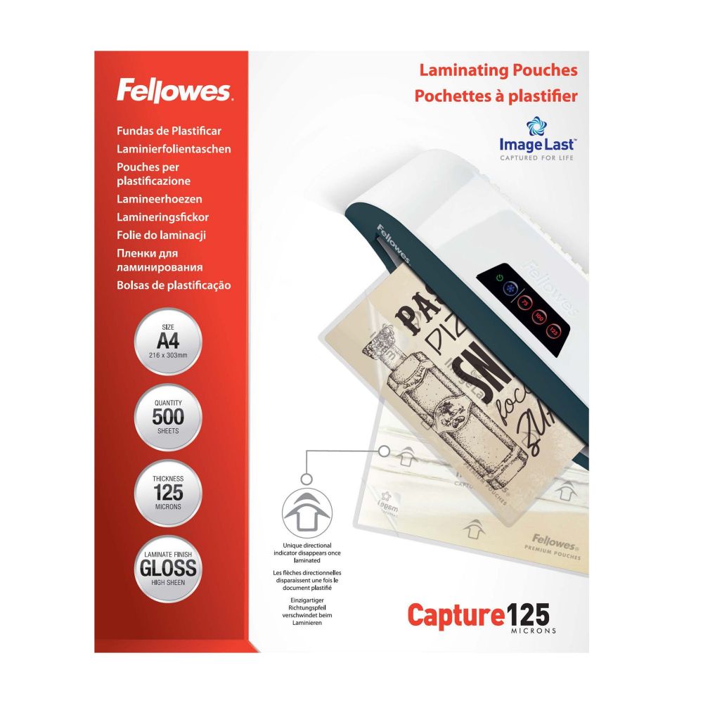 Fellowes A4 Laminating Pouches Gloss Finish 500 Sheets 125 Micron High Quality Finish