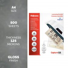 Fellowes A4 Laminating Pouches Gloss Finish 500 Sheets 125 Micron High Quality Finish thumbnail 1