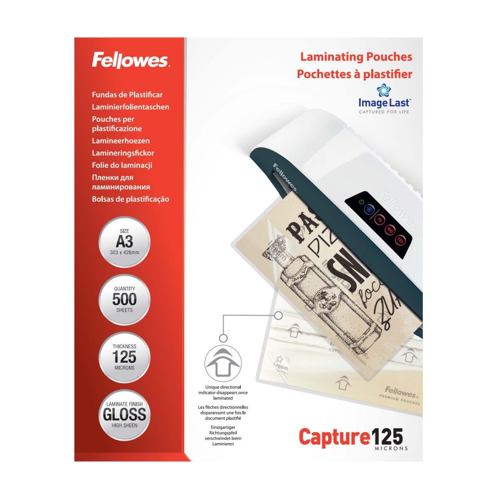 Fellowes A3 Laminating Pouches Gloss Finish 500 Sheets 125 Micron High Quality Finish