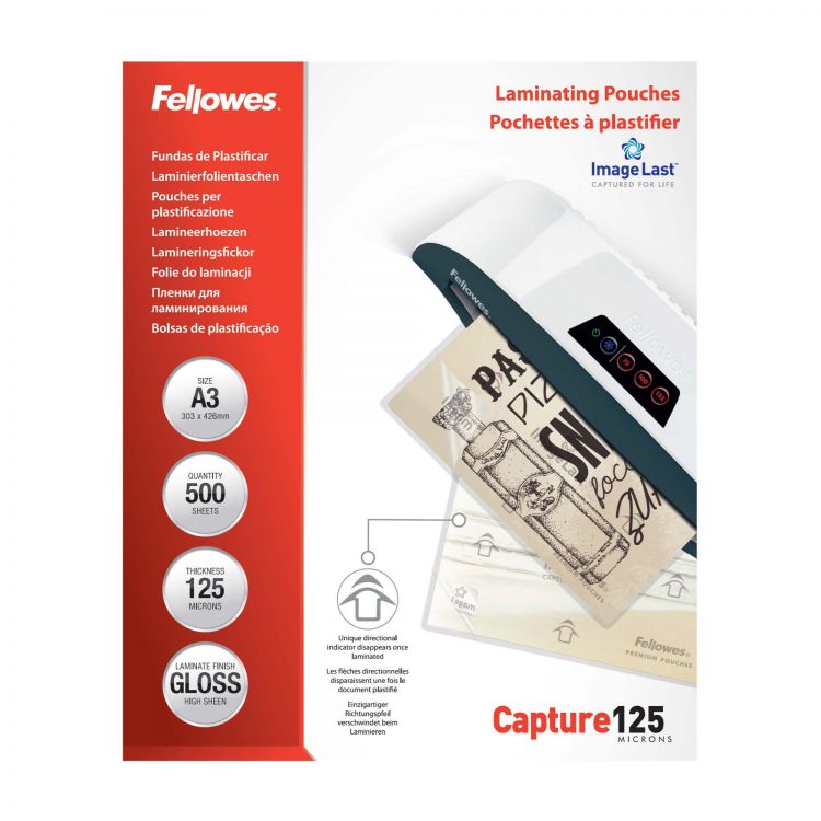 Fellowes A3 Laminating Pouches Gloss Finish 500 Sheets 125 Micron High Quality Finish