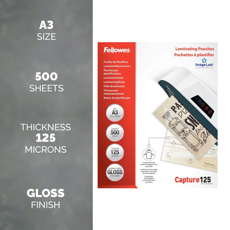 Fellowes A3 Laminating Pouches Gloss Finish 500 Sheets 125 Micron High Quality Finish - Image 4