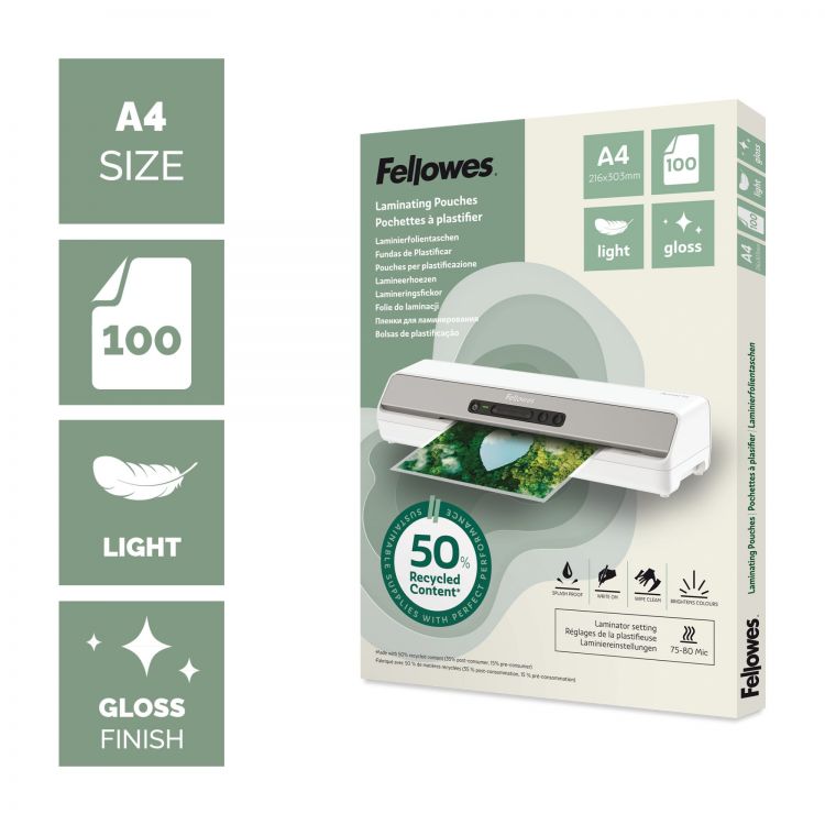 Fellowes Recycled A4 Gloss Lam Pouch 100pk - Image 2