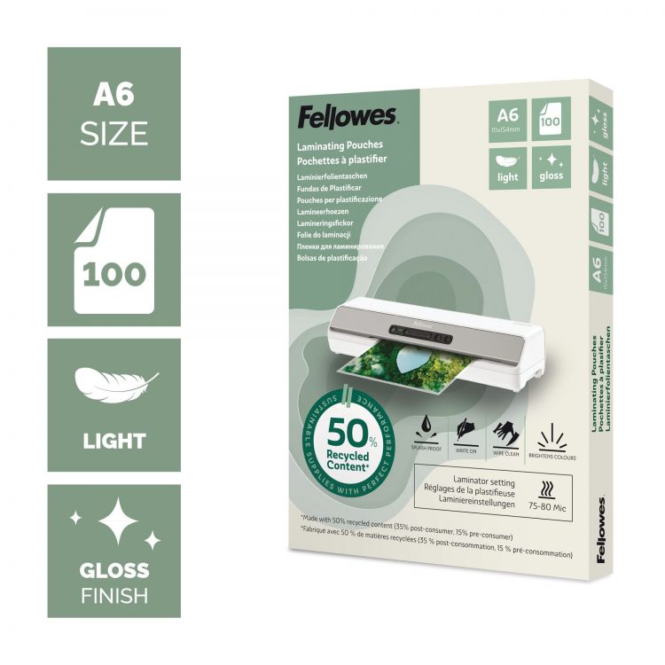 Fellowes Recycled A6 Gloss Lam Pouch 100pk - Image 3