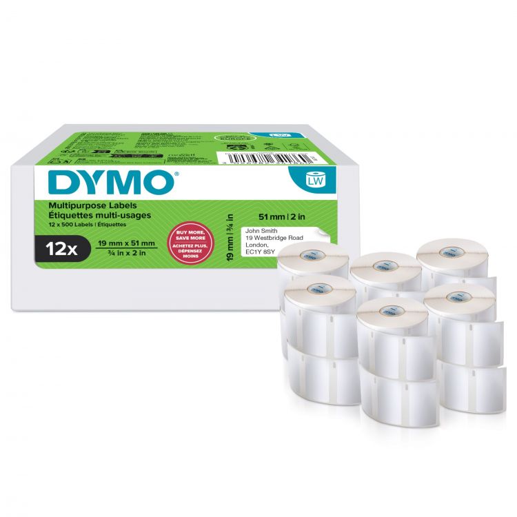 DYMO 11355 Small Multi-Purpose Labels 19 mm x 51 mm Pack of 12 Rolls - Image 1