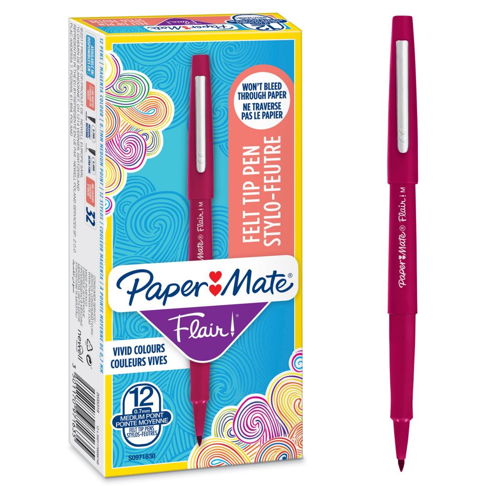 Paper Mate S0971630 Flair Pen 0.7 - 1mm Medium Tip Magenta Ink Box of 12