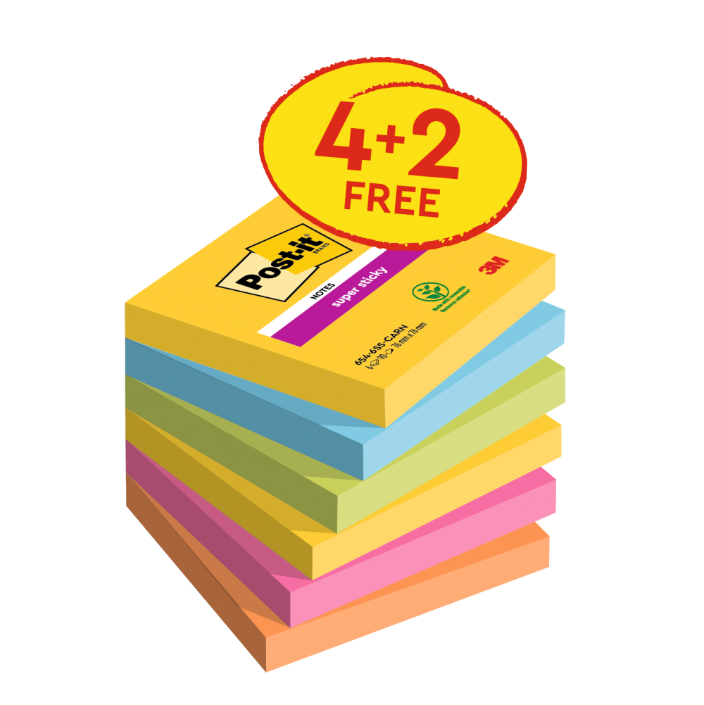 Post-it Pack of 6 Super Sticky Notes 76x76mm 90 Sheets Carnival Colours