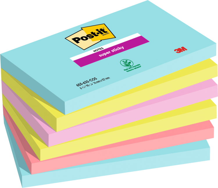 Post-It Pack of 6 Super Sticky Notes 76x127mm 90 Sheets Cosmic Colours - Image 1