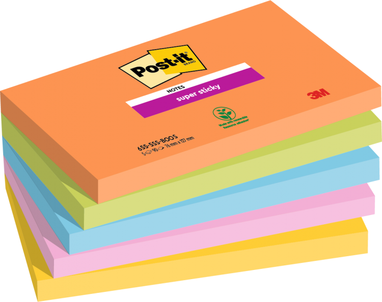 Post it Pack of 5 Super Sticky Notes Boost Colours 76x127mm 90 Sheets - Image 1