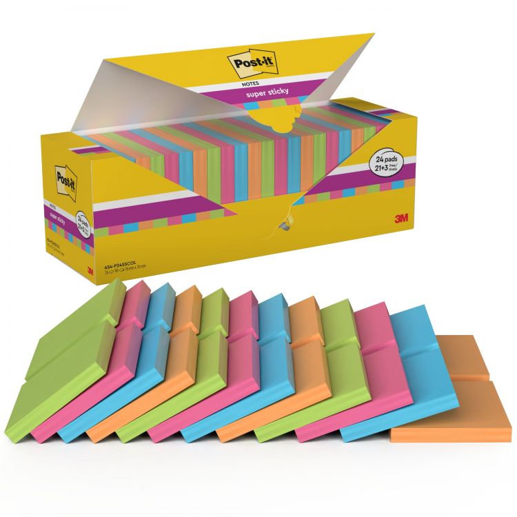 Post-it Pack of 24 Notes Super Sticky 76x76mm 90 Sheet Assorted Colours - Image 2