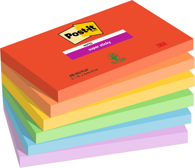 Post it Pack of 6 Super Sticky Notes Playful Colours 76x127mm 90 Sheet - Image 1