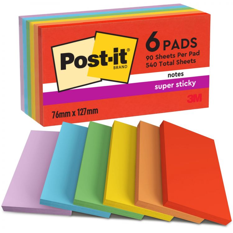 Post it Pack of 6 Super Sticky Notes Playful Colours 76x127mm 90 Sheet - Image 2