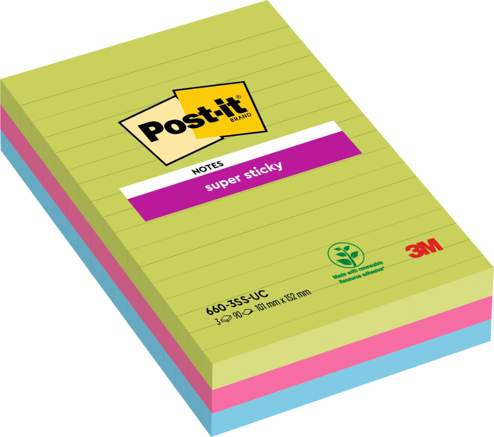 Post-it Pack of 3 Super Sticky Notes 102x152mm Ruled 90 Sheets Ultra Colours