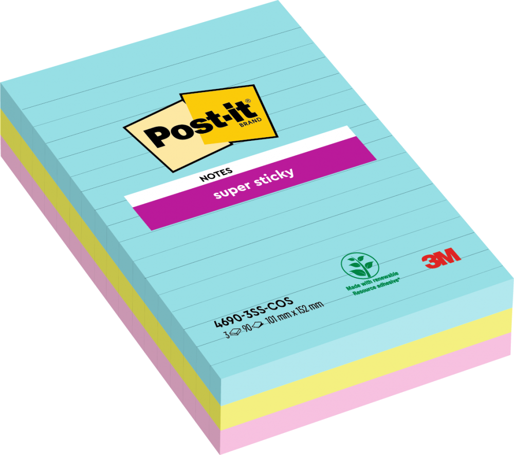 Post-It Pack of 3 Super Sticky Notes 101x152mm Ruled Cosmic Colours