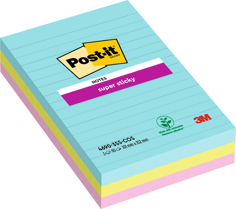Post-It Pack of 3 Super Sticky Notes 101x152mm Ruled Cosmic Colours - Image 1