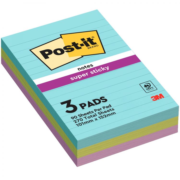 Post-It Pack of 3 Super Sticky Notes 101x152mm Ruled Cosmic Colours - Image 2