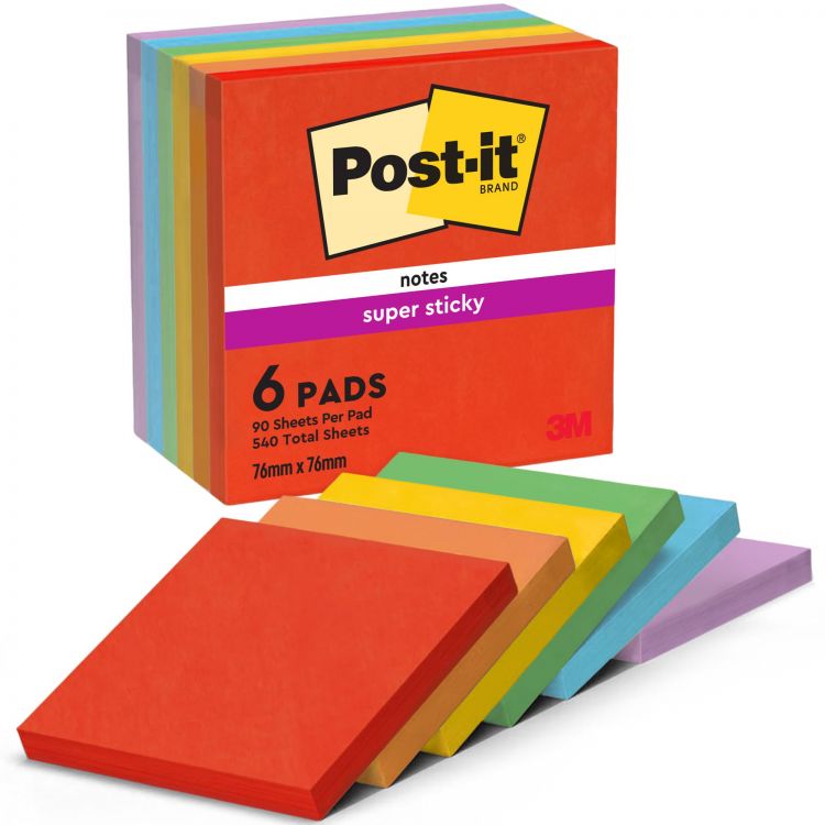 Post it Pack of 6 Super Sticky Notes Playful Colours 76x76mm 90 Sheets - Image 2