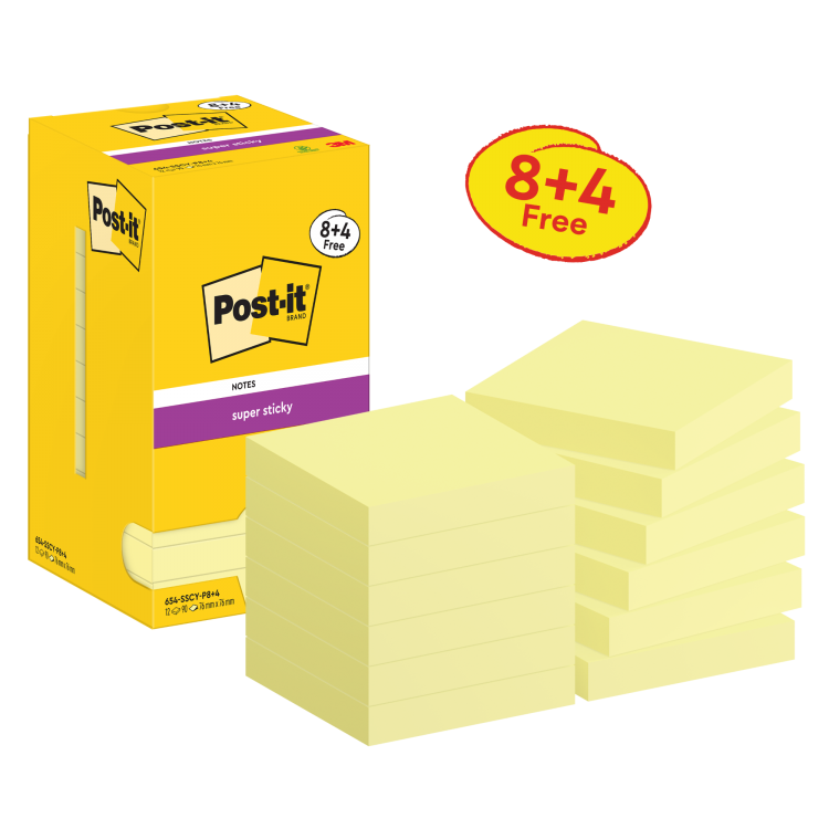 Post-it Pack of 8 Super Sticky Notes 76x76mm Canary 90 Sheets (+ 4 Free) - Image 2