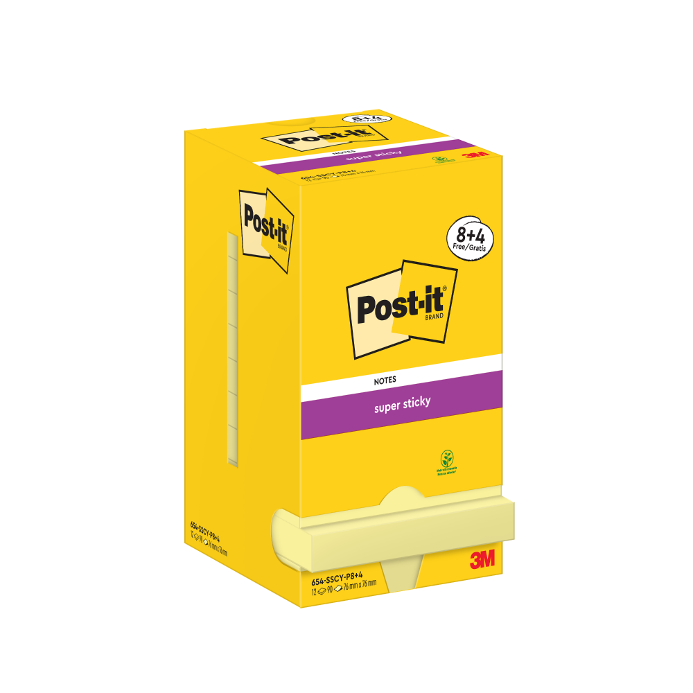 Post-it Pack of 8 Super Sticky Notes 76x76mm Canary 90 Sheets (+ 4 Free)
