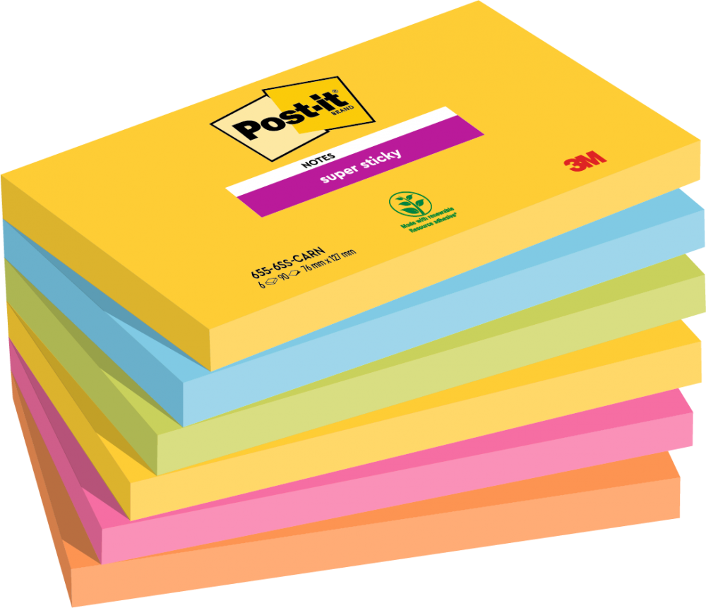 Post-it Pack of 6 Super Sticky Notes 76x127mm 90 Sheet Carnival Colours