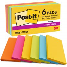 Post-it Pack of 6 Super Sticky Notes 76x127mm 90 Sheet Carnival Colours thumbnail 2