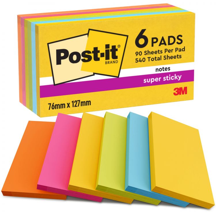 Post-it Pack of 6 Super Sticky Notes 76x127mm 90 Sheet Carnival Colours - Image 2