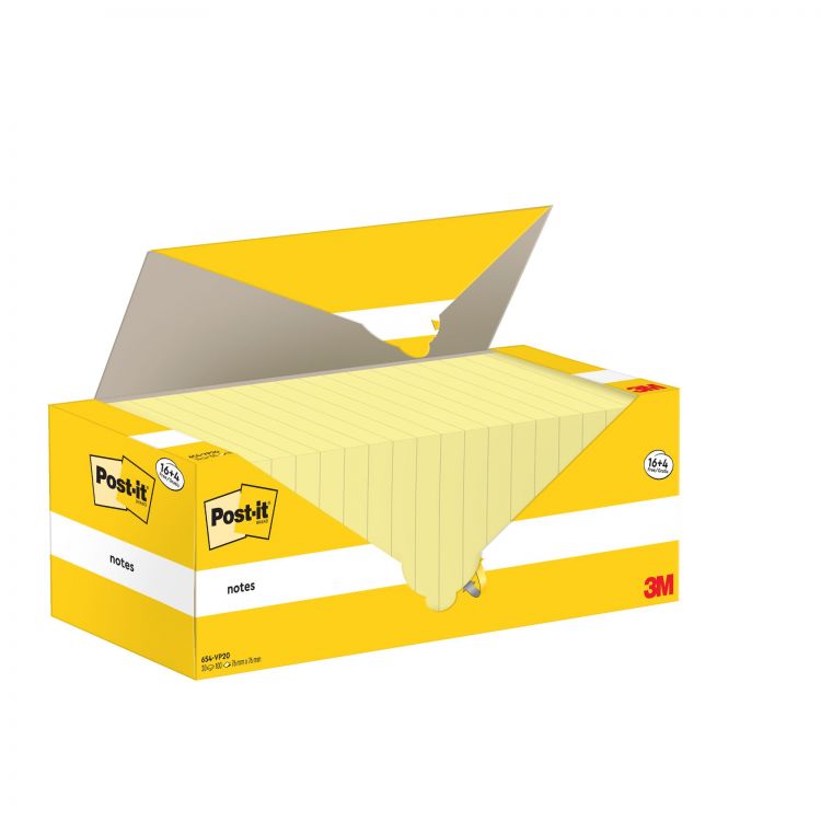 Post-it Pack of 20 Notes Value Pack 76x76mm 100 Sheets Canary Yellow - Image 1