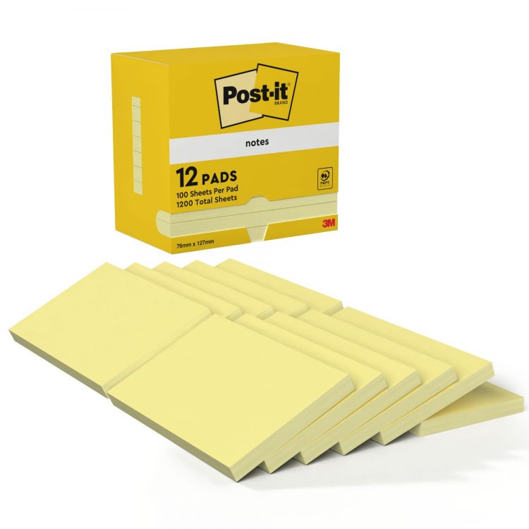Post-it Pack of 12 Notes 76x127mm 100 Sheets Canary Yellow - Image 2