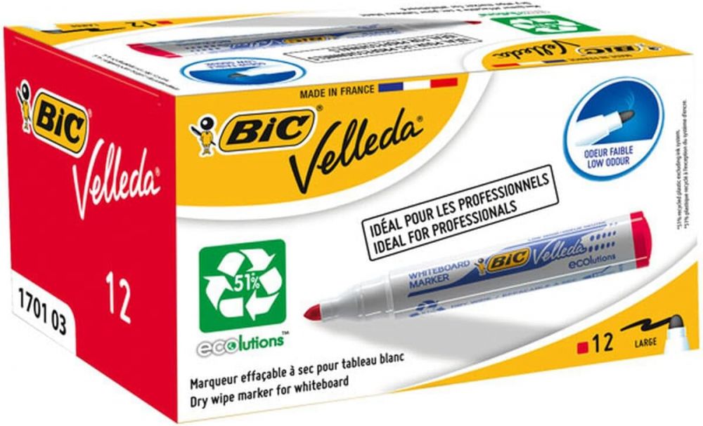 Bic Pack of 12 Ecolutions Velleda1701 Whiteboard Marker Bullet Tip Red