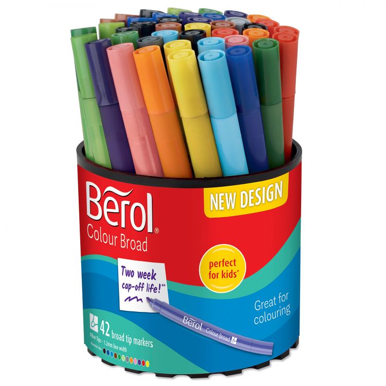 Berol 2057597 Broad Felt Tip Colouring Pens Assorted colours 1.2mm Tub of 42 - Image 1