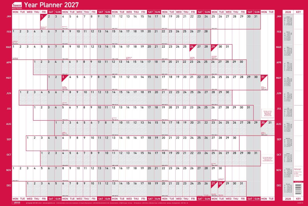 Sasco 2027 Mounted Original Year Wall Planner 915 x 610mm