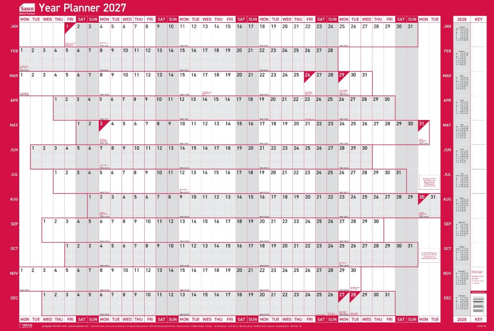 Sasco 2027 Unmounted Original Year Wall Planner 915 x 610mm