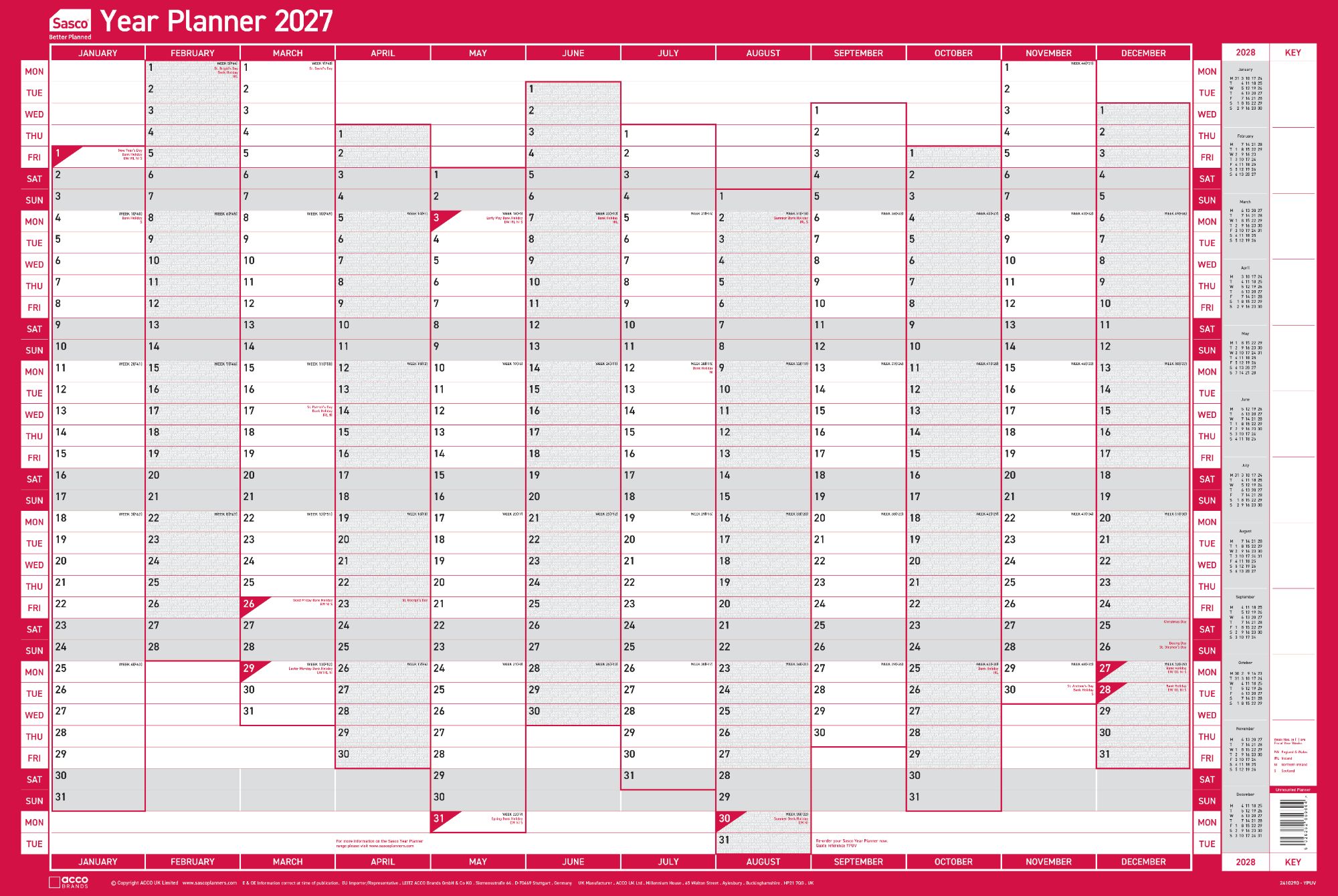 Sasco 2027 Vertical Unmounted Original Year Wall Planner 915 x 610mm