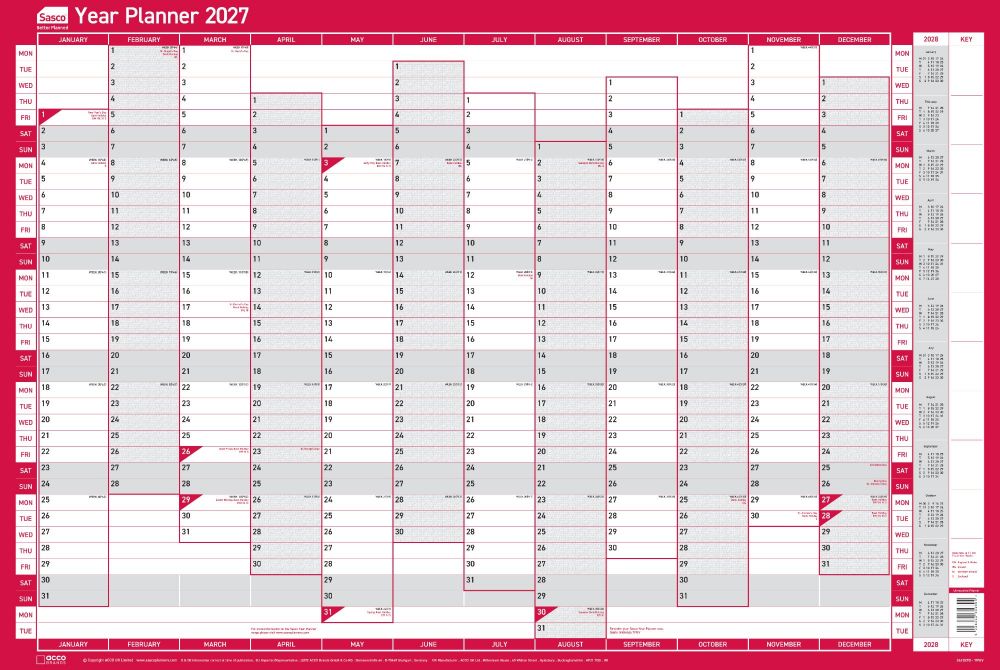 Sasco 2027 Vertical Unmounted Original Year Wall Planner 915 x 610mm
