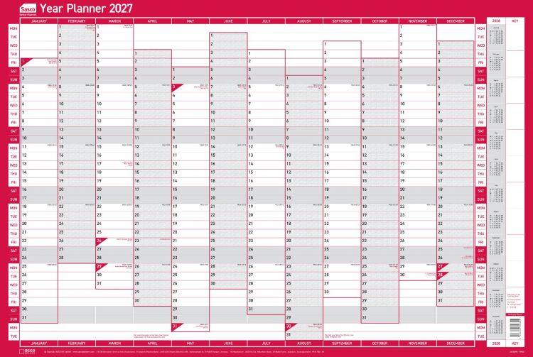 Sasco 2027 Vertical Unmounted Original Year Wall Planner 915 x 610mm