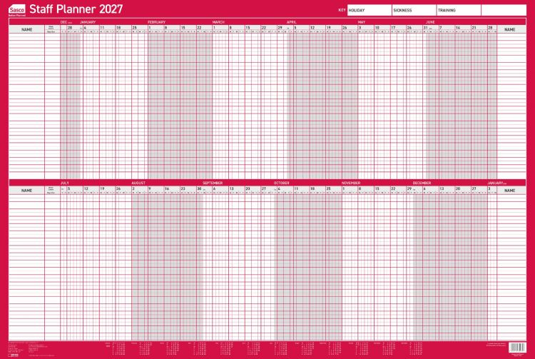 Sasco 2027 Mounted Staff Year Wall Planner 915 x 610mm