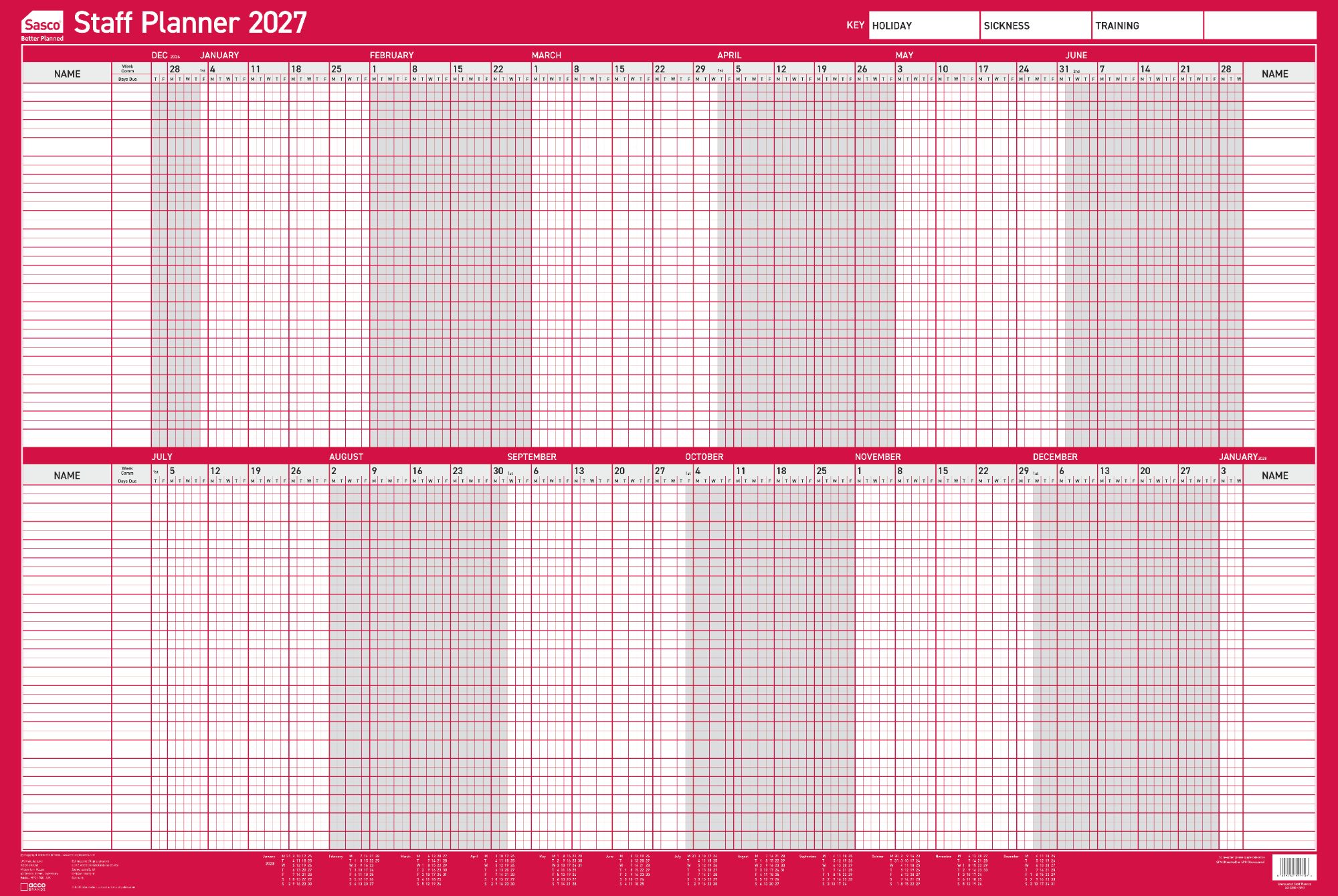 Sasco 2027 Unmounted Staff Year Wall Planner 915 x 610mm